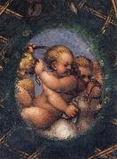 Correggio Two ovals depicting a putto with a stag's head and a putto with a greyhound oil painting on canvas