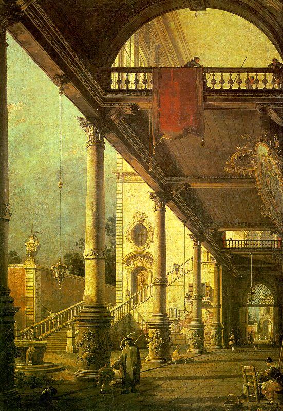 Canaletto Capriccio, A Colonnade opening onto the Courtyard of a Palace
