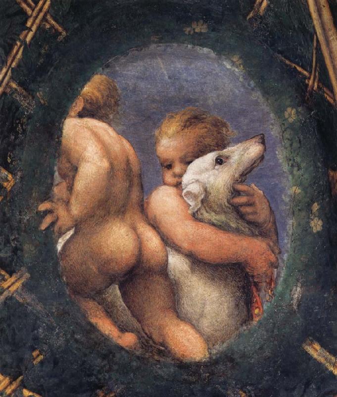 Correggio Detail of an oval with a putto embracing a dog